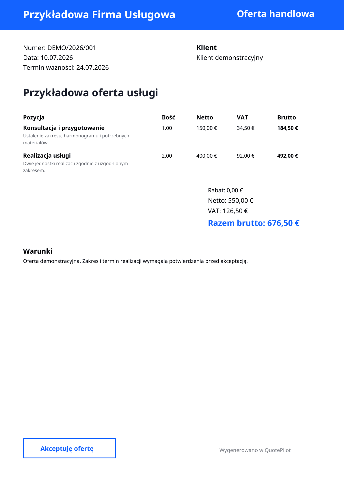 Preview of an anonymous QuotePilot PDF quote